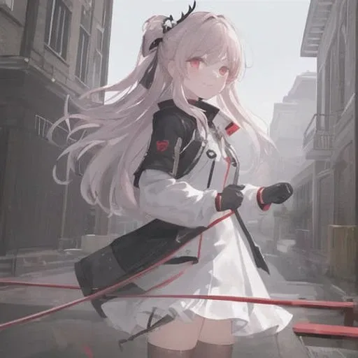 ((masterpiece,best quality))1girl, solo, dress, red eyes, looking at viewer, long sleeves, standing, building, white dress, gloves, hair ornament, black jacket, smile, floating hair, dutch angle, closed mouth, looking away, outdoors