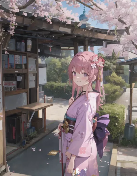 photo, masterpiece, best quality, wallpaper, 1girl, solo,  blush, smug, smile, purple eyes, choker, gradient eyes, no pupils, multicolored_hair, pink hair, blue hair, long hair, sangonomiya kokomi, (kimono), outdoors, sakura trees, sakura, facing towards viewer, front view, window,