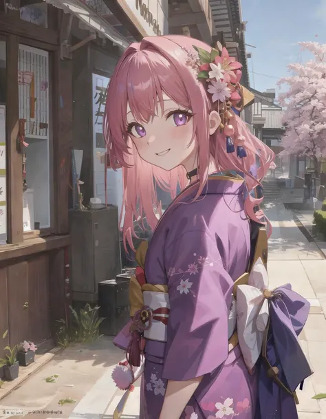 photo, masterpiece, best quality, wallpaper, 1girl, solo,  blush, smug, smile, purple eyes, choker, gradient eyes, no pupils, multicolored_hair, pink hair, blue hair, long hair, sangonomiya kokomi, (kimono), outdoors, sakura trees, sakura, facing towards viewer, front view, window,  shop,