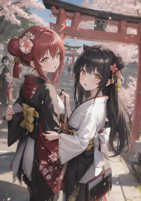 ((masterpiece,best quality)),2girls, black kimono, black legwear, black ribbon, black hair, cherry blossoms, day, flower, hair bun, hair ribbon, japanese clothes, kimono, long hair, looking at viewer, looking back, multiple girls, obi, outdoors, red eyes, red hair, ribbon, sandals, single hair bun, stairs, standing, statue, torii, tree, white kimono, yellow eyes