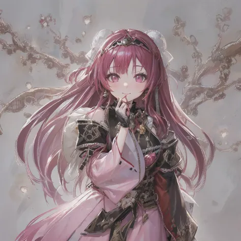 (ulzzang-6500-v1.1:0.7),1girl, detached sleeves, pink hair, long hair, best quality, (photorealistic:1.2), (hair ornament:1.35), cherry blossoms,( white shrine maiden), depth of field, detailed face, face focus, (looking at viewer:1.25), shiny skin, long sleeves,red sleeves, smile game cg , blurry background, half body,((right hand to mouth,finger touch lip)),