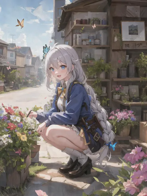 photo, masterpiece, best quality, wallpaper,  4k, 8k, highres, 1girl ,  elaina, majo no tabitabi, white hair, ahoge, long hair, braid, blue eyes, shirt, sweater, broom, town, buildings, houses, flowers, butterfly, sunshine, sunlight dapple, :D