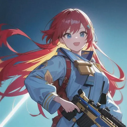 ((high quality)), ((masterpiece)), 8k, 1girl, tiny girl, lori, very long hair, (red hair color), blue and white clothes, (((gold blue jk ))), anime frame, detailed face, ((hold gold sniper rifle)), dynamic light, neon, blue hair clip, lighting bullet, flare, ((small breast)), smile, open mouth, fang