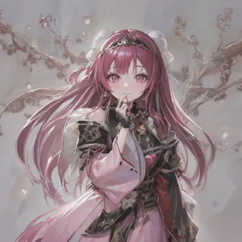 (ulzzang-6500-v1.1:0.7),1girl, detached sleeves, pink hair, long hair, best quality, (photorealistic:1.2), (hair ornament:1.35), cherry blossoms,( white shrine maiden), depth of field, detailed face, face focus, (looking at viewer:1.25), shiny skin, long sleeves,red sleeves, smile game cg , blurry background, half body,((right hand to mouth,finger touch lip)),