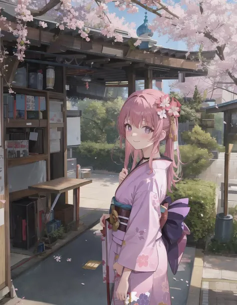 photo, masterpiece, best quality, wallpaper, 1girl, solo, blush, smug, smile, purple eyes, choker, gradient eyes, no pupils, multicolored_hair, pink hair, blue hair, long hair, sangonomiya kokomi, (kimono), outdoors, sakura trees, sakura, facing towards viewer, front view, window,