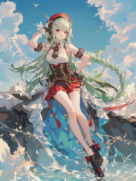 photo, masterpiece, best quality, wallpaper, 8k, highres, 1girl, long hair, light green hair, straight hair, white hair, braid, red eyes, Folding fan, one arm on hip, hat, red armband, leg ring, white silk gloves, headphones around neck, piano, pad