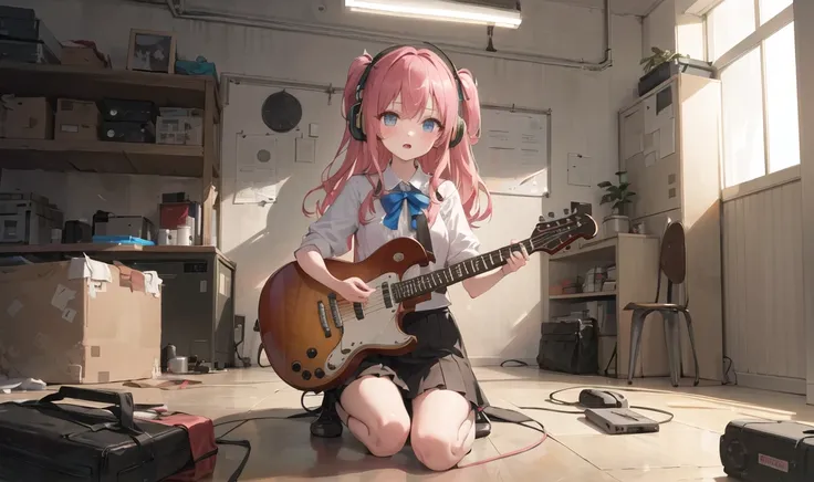 ((masterpiece,best quality))1girl, solo, black skirt, blue eyes, electric guitar, guitar, headphones, holding, holding plectrum, instrument, long hair, , music, one side up, pink hair, playing guiter, pleated skirt, black shirt, indoors