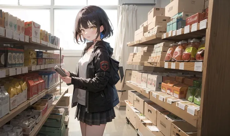 ((masterpiece,best quality)), 1girl, food, fruit, solo, skirt, shop, indoors, jacket, shopping, basket, jewelry, shirt, shelf, short hair, black hair, plaid skirt, black jacket, dutch angle, yellow eyes, looking at viewer