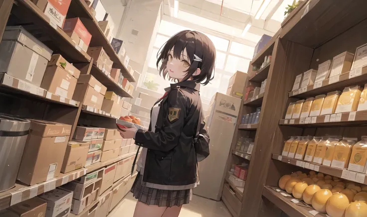 ((masterpiece,best quality)), 1girl, food, fruit, solo, skirt, shop, indoors, jacket, shopping, basket, jewelry, shirt, shelf, short hair, black hair, plaid skirt, black jacket, dutch angle, yellow eyes, looking at viewer