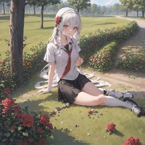 best quality,highly detailed,masterpiece,ultra-detailed,illustration,highres. Pretty girl in the park, (full of roses:1.3), (bright color:1.3), (sport uniform:1.5), (black long hair: 1.5), day light