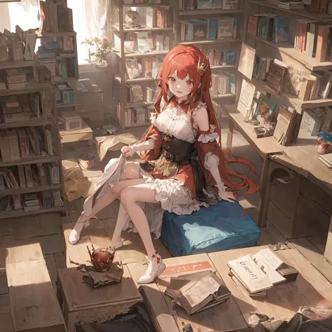 best quality,highly detailed,masterpiece,ultra-detailed,illustration,highres. Pretty girl in the library, (full of books:1.3), (bright color:1.3), (red princess dress:1.5), (black long hair: 1.5), day light
