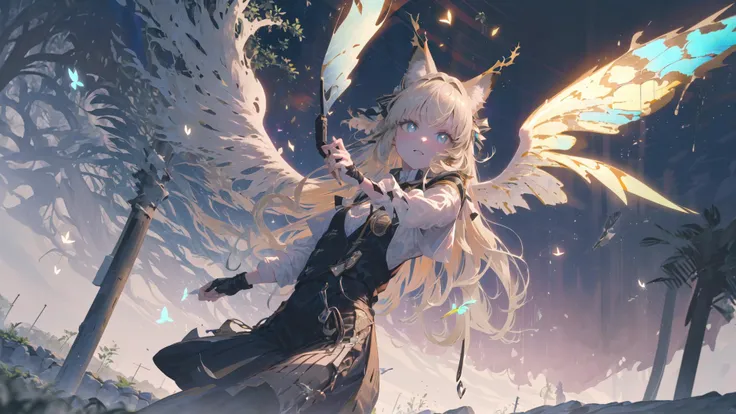 ((masterpiece,best quality)),backlighting, 
at night,starry sky, star \(sky\), (butterfly:1.1)(beautiful detailed Grassland,Meteor streaks across the sky:1.3),(starry sky), 
outdoors,(forest),sunlight, tree, water drop, 

(solo young girl),facing viewer,fox girl,fox ears,flat chest,cowboy shot,curvy,long light ash hair, side split bangs, halo, angel,feathers,huge wings,
(black nylons), black transparent dress with black laces, transparent dress, super deep v cut, lace chocker, flat breasts, posing, bluish hue, ((masterpiece)), beautiful face, dreamy, official art, (realistic shades), (small hips)
blue eyes,bright pupils, light smile, wind lift, from below,

<lora:beautifulDetailedEyes_v10:1> 
<lora:mochaBeautifulSky_v10:1>
