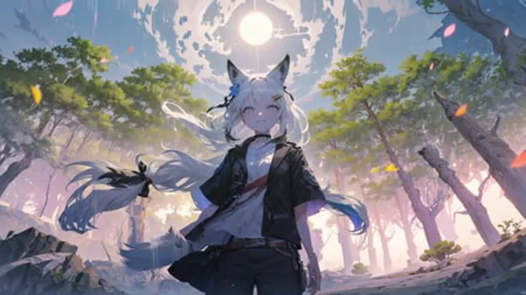 ((masterpiece,best quality)),the beautiful night sky,moon,shining,stars,twinkling,calm,night,blowing in the wind,
outdoors,(forest:1.6),sunlight, river, tree, water drop,
1girl,flat chest,cowboy shot,curvy,((black nylons), black transparent dress with black laces, transparent dress, super deep v cut, lace chocker, )fox ears,fox girl, fox tails,fluffy tail,white eyes,multicolored eyes,heterochromia,bright pupils, ((very long hair, side braids,black hair, white hair, floating hair,colored inner hair,asymmetrical hair)), fang,black hair ribbon,hair bow,hairclip,mole under eye,white hair flower, flowers,grass, looking at viewer, open eyes,light smile, petals,backlighting,wind lift, from below, white panties, posing, bluish hue, beautiful face, dreamy, official art, (realistic shades), (small hips)
<lora:oversizedShirt_v10:1>
<lora:beautifulDetailedEyes_v10:1>
<lora:mochaBeautifulSky_v10:1>