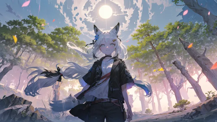 ((masterpiece,best quality)),the beautiful night sky,moon,shining,stars,twinkling,calm,night,blowing in the wind,
outdoors,(forest:1.6),sunlight, river, tree, water drop,
1girl,flat chest,cowboy shot,curvy,((black nylons), black transparent dress with black laces, transparent dress, super deep v cut, lace chocker, )fox ears,fox girl, fox tails,fluffy tail,white eyes,multicolored eyes,heterochromia,bright pupils, ((very long hair, side braids,black hair, white hair, floating hair,colored inner hair,asymmetrical hair)), fang,black hair ribbon,hair bow,hairclip,mole under eye,white hair flower, flowers,grass, looking at viewer, open eyes,light smile, petals,backlighting,wind lift, from below, white panties, posing, bluish hue, beautiful face, dreamy, official art, (realistic shades), (small hips)
<lora:oversizedShirt_v10:1>
<lora:beautifulDetailedEyes_v10:1>
<lora:mochaBeautifulSky_v10:1>