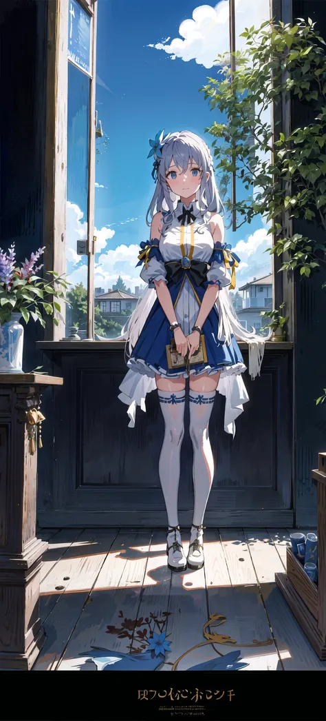 21charturnerv2,charturnbetalora,shinkai makoto,kimi no na wa.,(Overhead view),dynamic angle,ultra-detailed, illustration, close-up, straight on, 1girl, (fantasy:1.4), (azure blue eyes:1.233),Her eyes shone like dreamy stars,(glowing eyes:1.233),(beautiful and detailed eyes:1.1),(Silver hair:1.14),(messy hair,very long hair,french braid,hair between eyes,sidelocks), (+(bule hair flower:1.14)),(chiffon dress,bule flower pattern in uniform)/=(military uniform:1.24),(detached sleeves,wide sleeves),(fingerless gloves),choker,(miko thighhighs),High heeled boots,(expressionless,closed mouth),(standing), (classical Princess boudoir with dressing table<books> and french window<a epic view outside the window> in a white ancient palaces),(white flowers,bloom),(abysmal sea),(flowing water),(a dull blue world tree:1.14),(ruins),(night:1.2),dreamy,soul,(fluorescence),(flying translucent blue butterflies:1.15), [[delicate fingers and hands:0.55]::0.85],(detail fingers),(yubao:0.5),white background, full body,blue theme,golden background,