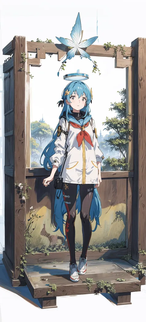 shinkai makoto,kimi no na wa.,masterpiece, best quality, ultra-detailed, illustration, , (bottle bottom:0.9), full body , standing, 1girl, (face focus), silver and blue hair, long hair, black eyes, halo, butterfly, pantyhose, serene expression, looking at viewer,white background, full body,bule theme,golden background,