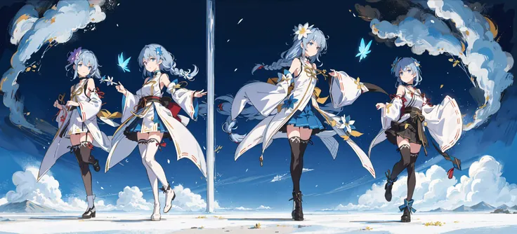 21charturnerv2,shinkai makoto,kimi no na wa.,(fantasy:1.4), (azure blue eyes:1.233),Her eyes shone like dreamy stars,(glowing eyes:1.233),(beautiful and detailed eyes:1.1),(Silver hair:1.14),(messy hair,very long hair,french braid,hair between eyes,sidelocks), (+(bule hair flower:1.14)),(chiffon dress,bule flower pattern in uniform)/=(military uniform:1.24),(detached sleeves,wide sleeves),(fingerless gloves),choker,(miko thighhighs),High heeled boots,(expressionless,closed mouth),(standing),dreamy,soul,(fluorescence),(flying translucent blue butterflies:1.15), [[delicate fingers and hands:0.55]::0.85],(detail fingers),white background, full body,bule theme,golden background