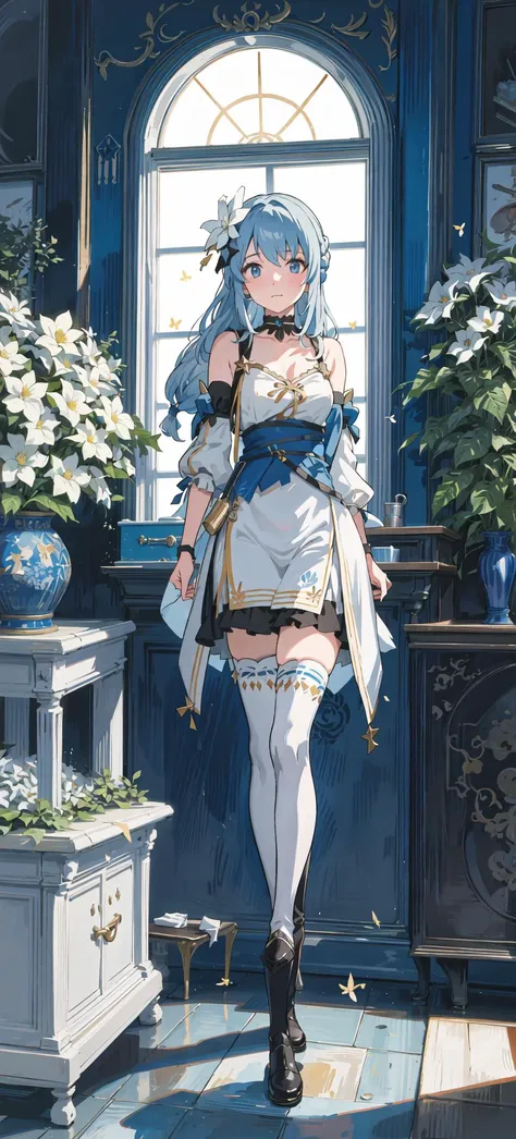 shinkai makoto,kimi no na wa.,(Overhead view),dynamic angle,ultra-detailed, illustration, close-up, straight on, 1girl, (fantasy:1.4), (azure blue eyes:1.233),Her eyes shone like dreamy stars,(glowing eyes:1.233),(beautiful and detailed eyes:1.1),(Silver hair:1.14),(messy hair,very long hair,french braid,hair between eyes,sidelocks), (+(bule hair flower:1.14)),(chiffon dress,bule flower pattern in uniform)/=(military uniform:1.24),(detached sleeves,wide sleeves),(fingerless gloves),choker,(miko thighhighs),High heeled boots,(expressionless,closed mouth),(standing), (classical Princess boudoir with dressing table<books> and french window<a epic view outside the window> in a white ancient palaces),(white flowers,bloom),(abysmal sea),(flowing water),(a dull blue world tree:1.14),(ruins),(night:1.2),dreamy,soul,(fluorescence),(flying translucent blue butterflies:1.15), [[delicate fingers and hands:0.55]::0.85],(detail fingers),(yubao:0.5),white background, full body,bule theme,golden background,