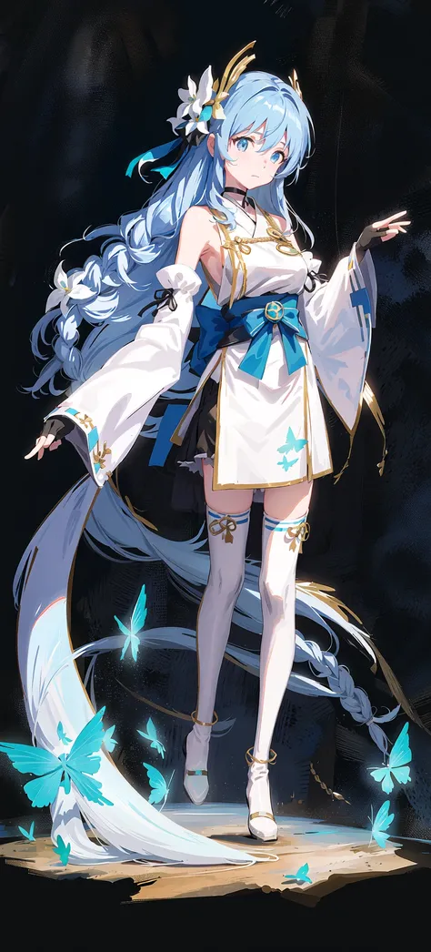 21charturnerv2,charturnbetalora,shinkai makoto,kimi no na wa.,(fantasy:1.4), (azure blue eyes:1.233),Her eyes shone like dreamy stars,(glowing eyes:1.233),(beautiful and detailed eyes:1.1),(Silver hair:1.14),(messy hair,very long hair,french braid,hair between eyes,sidelocks), (+(bule hair flower:1.14)),(chiffon dress,bule flower pattern in uniform)/=(military uniform:1.24),(detached sleeves,wide sleeves),(fingerless gloves),choker,(miko thighhighs),High heeled boots,(expressionless,closed mouth),(standing),dreamy,soul,(fluorescence),(flying translucent blue butterflies:1.15), [[delicate fingers and hands:0.55]::0.85],(detail fingers),white background, full body,bule theme,golden background