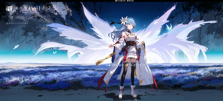 21charturnerv2,charturnbetalora,shinkai makoto,kimi no na wa.,(fantasy:1.4), (azure blue eyes:1.233),Her eyes shone like dreamy stars,(glowing eyes:1.233),(beautiful and detailed eyes:1.1),(Silver hair:1.14),(messy hair,very long hair,french braid,hair between eyes,sidelocks), (+(bule hair flower:1.14)),(chiffon dress,bule flower pattern in uniform)/=(military uniform:1.24),(detached sleeves,wide sleeves),(fingerless gloves),choker,(miko thighhighs),High heeled boots,(expressionless,closed mouth),(standing),dreamy,soul,(fluorescence),(flying translucent blue butterflies:1.15), [[delicate fingers and hands:0.55]::0.85],(detail fingers),white background, full body,bule theme,golden background