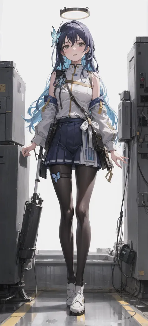 shinkai makoto,kimi no na wa.,masterpiece, best quality, ultra-detailed, illustration, , (bottle bottom:0.9), full body , standing, 1girl, (face focus), silver and blue hair, long hair, black eyes, halo, butterfly, pantyhose, serene expression, looking at viewer,white background, full body,bule theme,golden background,
