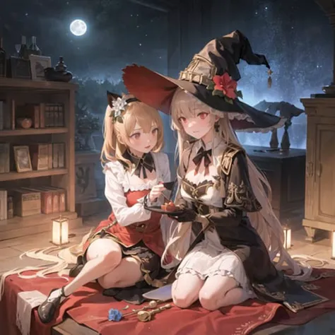 best quality, masterpiece, (realistic:1.2),2girls,full body,intricate detail,Blonde long hair, Red long hair,witch,witch's hat, ((ruby red eyes))),beautiful face,photorealistic, light blush, Silk dress with high collar,light particles, Moon,Castle Background,flower, black cat,starry background,