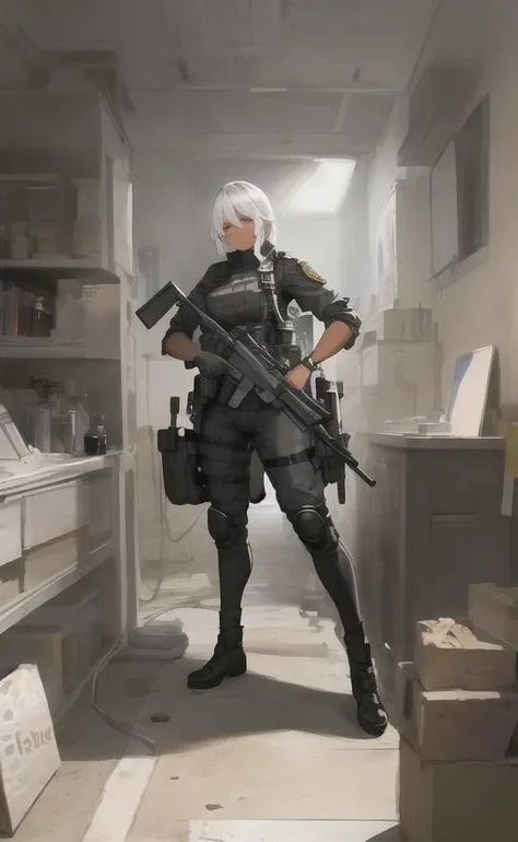 illustration, concept art of a black woman in a SWAT outfit with white hair