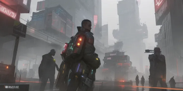 illustration, concept art of a gigantic cyberpunk super high tech sci-fi city skyline, giant buildings, blade runner inspired, cyberpunk, raining, umbrellas, thunder, rain drops, foggy, high way, cars, lights, neon