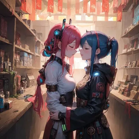 (masterpiece:1.4), (face:1.3), (hyper-detailed:1.2), closing eyes, a couple of women that are kissing each other in a dark room with a light on them, black background, Blint Kiss, vignette, neo-romanticism, blurry, lingere, blue hair, pink hair, (ghibli style:1.0), anime, (dark room:1.2) dusty room, ornaments, jewlery, earring, yin and yang, mystical writing, chinese symbols, (cyberpunk:1.2), (steampunk:1.2), cyborg, (cables:1.3), (wires:1.2), applause, (crowd:1.2), banners, (hologram:1.2), rave, sci-fi, futuristic