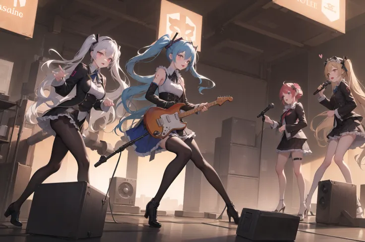 ps \(medium \), 1 girl, high quality, best quality, Hatsune Miku, blue hair, small breasts, long hair, (prominent pupil :1.2), (long black dress :1.8, flower, gilt decoration, high heels, floral headdress), (Singing, microphone, holding microphone in both hands, sad mood), (stage, large outdoor stage, dim, Spotlight, breeze, fluttering hair), (whole body :1.8), night, stretch legs, (face :2.0), side face :1.8, pose, playing electricity guitar:1.4, (Passers-by, spectators, blur:1.3)