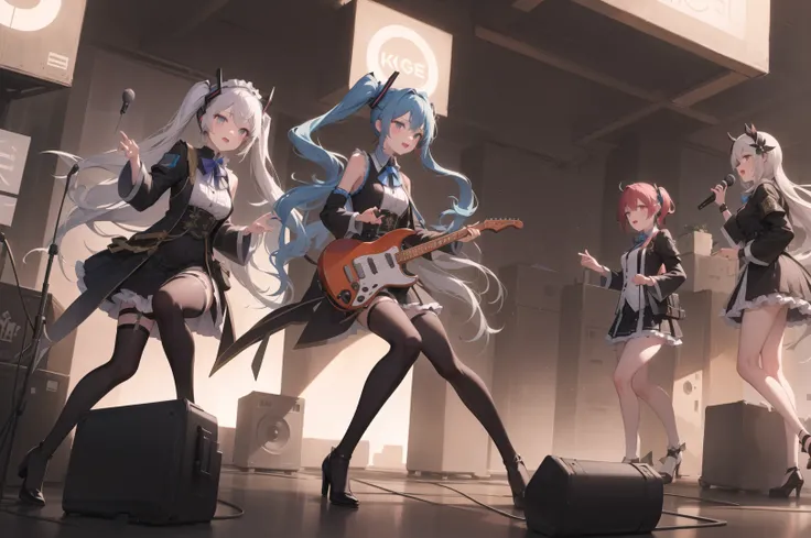 ps \(medium \), 1 girl, high quality, best quality, Hatsune Miku, blue hair, small breasts, long hair, (prominent pupil :1.2), (long black dress :1.8, flower, gilt decoration, high heels, floral headdress), (Singing, microphone, holding microphone in both hands, sad mood), (stage, large outdoor stage, dim, Spotlight, breeze, fluttering hair), (whole body :1.8), night, stretch legs, (face :2.0), side face :1.8, pose, playing electricity guitar:1.4, (Passers-by, spectators, blur:1.3)