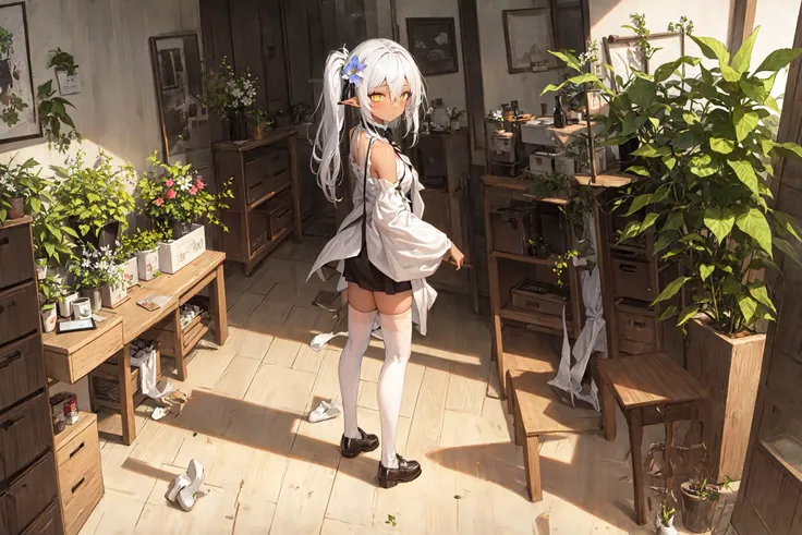 dark skin, 1girl, solo, long hair, dress, indoors, white hair, hair ornament, standing, cross-shaped pupils, see-through, nipples, looking at viewer, gradient hair, multicolored hair, plant, bangs, full body, detached sleeves, pointy ears, white dress, thighhighs, white footwear, potted plant, hand up, sleeveless dress, picture frame, chair, white thighhighs, closed mouth, sleeveless, symbol-shaped pupils, leaf hair ornament, hair between eyes, side ponytail, bare shoulders, green eyes, flower, green sleeves, short dress, female child, wooden floor, yellow eyes, colored tips,