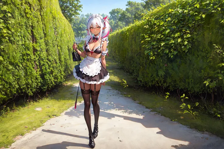 dark skin, maid bikini, 1girl, solo, long hair, dress, indoors, white hair, hair ornament, standing, cross-shaped pupils, see-through, looking at viewe,gradient hair, multicolored hair, plant, bangs, full body, pointy ears,white thighhighs, closed mouth, hair between eyes, side ponytail,maid bikini,
