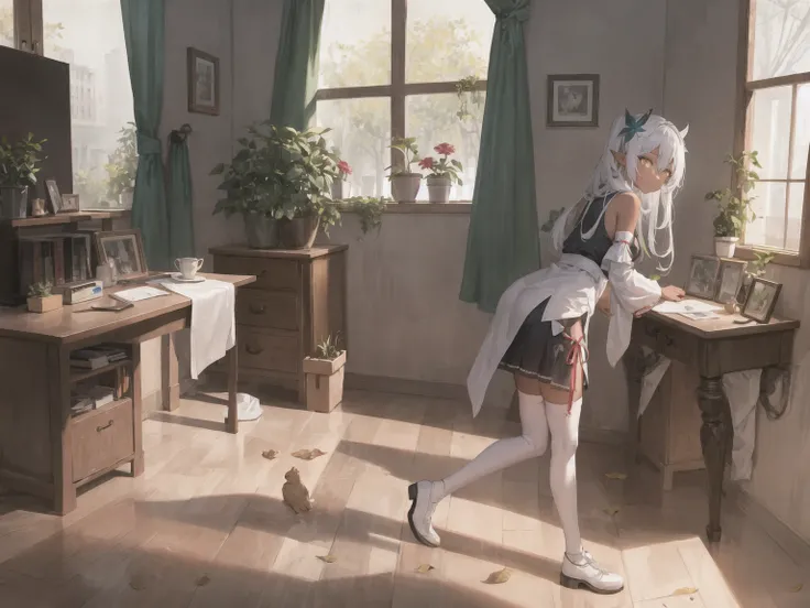 dark skin, 1girl, solo, long hair, dress, indoors, white hair, hair ornament, standing, cross-shaped pupils, looking at viewer, gradient hair, multicolored hair, plant, bangs, full body, detached sleeves, pointy ears, white dress, thighhighs, white footwear, potted plant, hand up, sleeveless dress, picture frame, chair, white thighhighs, closed mouth, sleeveless, symbol-shaped pupils, leaf hair ornament, hair between eyes, side ponytail, bare shoulders, green eyes, flower, green sleeves, short dress, female child, wooden floor, yellow eyes, colored tips,see-through, nipples,