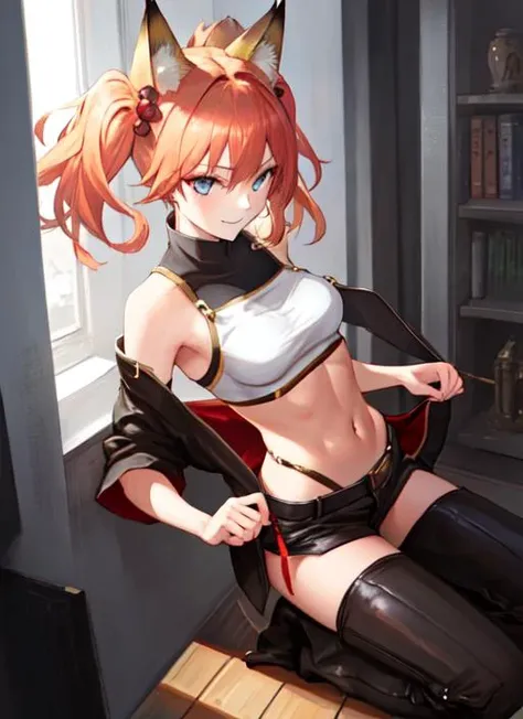 fox ears, fighting stance, stomach, black pants, pants pull, midriff, stomach, no bra, muscular female, undressing, naked breasts, nfsw, blonde hair, medium hair, twintails, blue eyes, full shot body photo of elegant girl, medium breast, sexually suggestive, seductive smiling, red lipstick, sexy, Intricate, High Detail, Sharp focus, dramatic, photorealistic, best quality, masterpiece, on ring