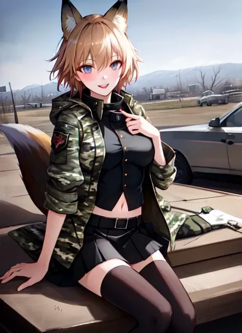 fox ears, posing, stomach, unbuttoned camouflage skirt, unbuttoned camouflage jacket, zettai ryouiki, black thighhighs, blonde hair, short hair, blue eyes, elegant girl, medium breast, sexually suggestive, smile, red lipstick, sexy, Intricate, High Detail, Sharp focus, dramatic, photorealistic, best quality, masterpiece