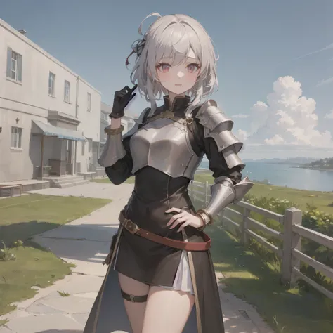 1girl, jewelry, bracelet, day, solo, cloud, horizon, long_hair, outdoors, looking_at_viewer, the best quality, masterpiece, castle wall, armored, short hair, white hair, sword on hip