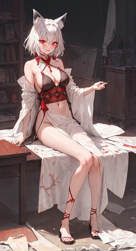 fox ears, posing, nfsw, silk, stomach, (caftan:1.3), white hairs, short hairs, red eyes, elegant girl, medium breast, sexually suggestive, seductive smiling, red lipstick, sexy, Intricate, High Detail, Sharp focus, dramatic, photorealistic, best quality, masterpiece, WLOP, Ed Blinkey, Mikhail Vrubel,