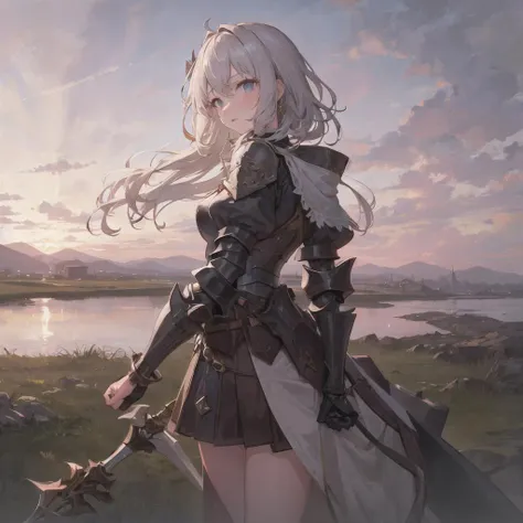 1girl, jewelry, bracelet, day, solo, cloud, horizon, long_hair, outdoors, looking_at_viewer, the best quality, masterpiece, castle wall, armored, short hair, white hair, Big green sword