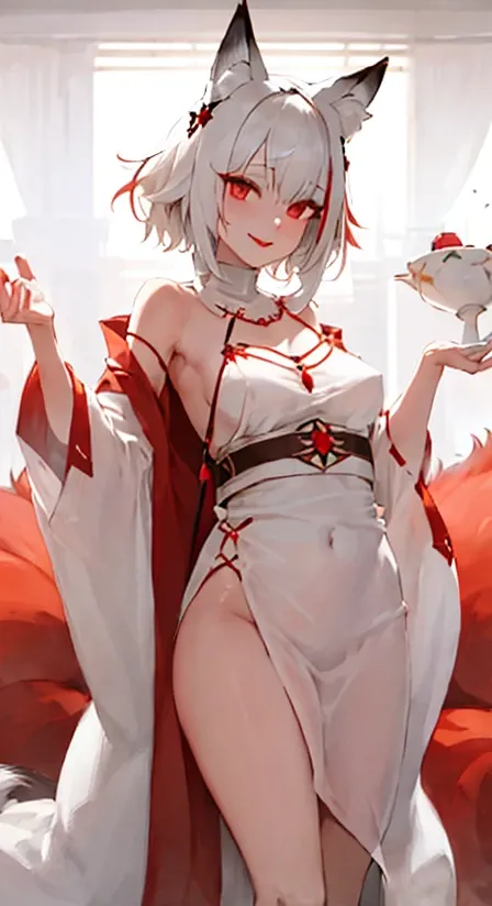 fox ears, posing, nfsw, silk, stomach, (caftan:1.3), white hairs, short hairs, red eyes, elegant girl, medium breast, sexually suggestive, seductive smiling, red lipstick, sexy, Intricate, High Detail, Sharp focus, dramatic, photorealistic, best quality, masterpiece, WLOP, Ed Blinkey, Mikhail Vrubel