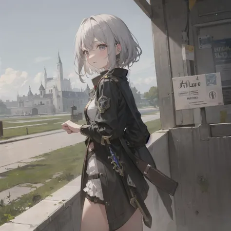 1girl, jewelry, bracelet, day, solo, cloud, horizon, long_hair, outdoors, looking_at_viewer, the best quality, masterpiece, castle wall, armored, short hair, white hair, sword on hip