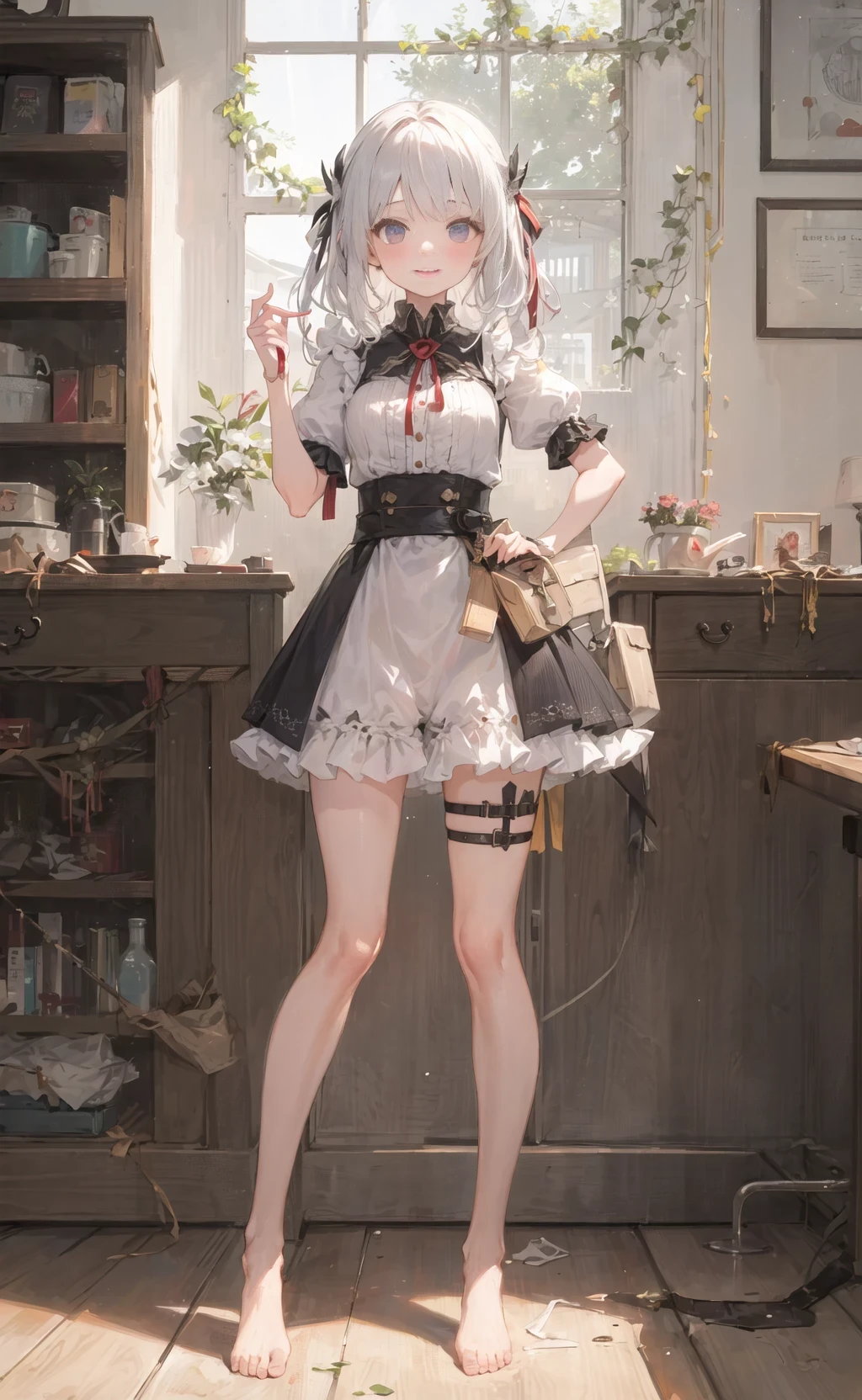 ((masterpiece,best quality)),1girl, solo, barefoot, knees up, dress, short sleeves, looking at viewer, bedroom,very long hair, smile,standing ,white hair, puffy sleeves, puffy short sleeves, full body, white dress, sunlight, dappled sunlight day, leg belt,<long legs:1.8>,narrow waist, slim legs,ribbon