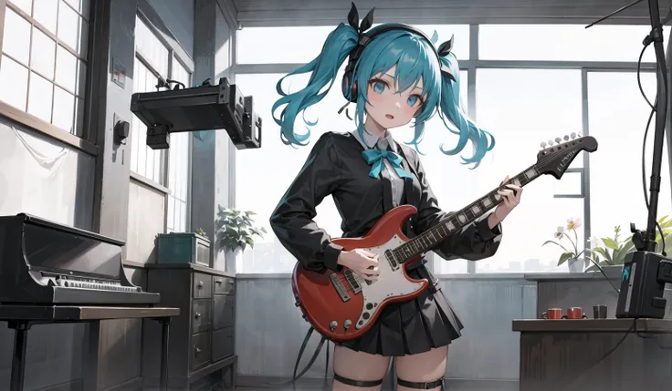 ((masterpiece,best quality))1girl, solo, black skirt, blue eyes, electric guitar, guitar, headphones, holding, holding plectrum, instrument, long hair, , music, one side up, teal hair, twin tails, playing guiter, pleated skirt, black shirt, indoors