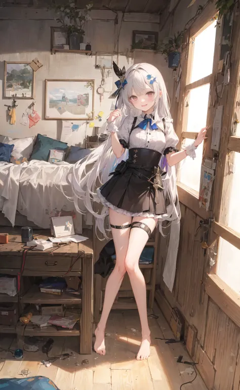 ((masterpiece,best quality)),1girl, solo, barefoot, knees up, dress, short sleeves, looking at viewer, bedroom,very long hair, smile,standing ,white hair, puffy sleeves, puffy short sleeves, full body, white dress, sunlight, dappled sunlight day, leg belt,<long legs:1.8>,narrow waist, slim legs,ribbon