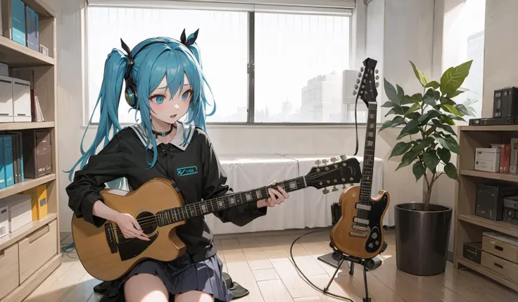 ((masterpiece,best quality))1girl, solo, black skirt, blue eyes, electric guitar, guitar, headphones, holding, holding plectrum, instrument, long hair, , music, one side up, teal hair, twin tails, playing guiter, pleated skirt, black shirt, indoors