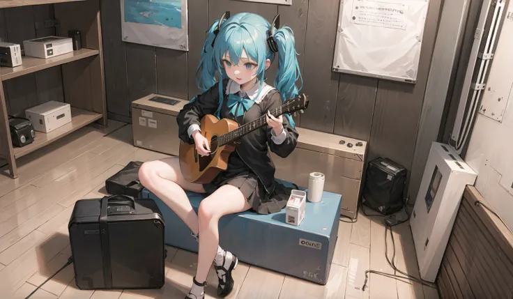 ((masterpiece,best quality))1girl, solo, black skirt, blue eyes, electric guitar, guitar, headphones, holding, holding plectrum, instrument, long hair, , music, one side up, teal hair, twin tails, playing guiter, pleated skirt, black shirt, indoors