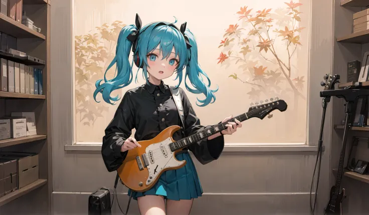 ((masterpiece,best quality))1girl, solo, black skirt, blue eyes, electric guitar, guitar, headphones, holding, holding plectrum, instrument, long hair, , music, one side up, teal hair, twin tails, playing guiter, pleated skirt, black shirt, indoors