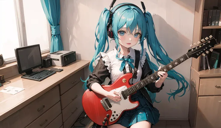 ((masterpiece,best quality))1girl, solo, black skirt, blue eyes, electric guitar, guitar, headphones, holding, holding plectrum, instrument, long hair, , music, one side up, teal hair, twin tails, playing guiter, pleated skirt, black shirt, indoors