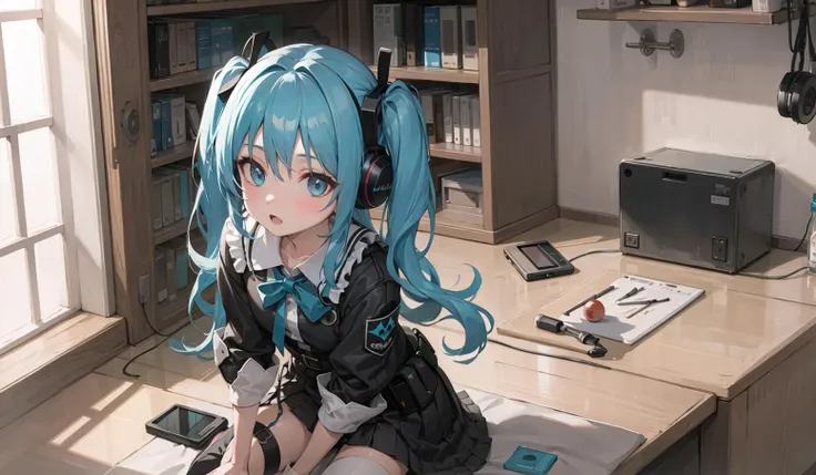 ((masterpiece,best quality))1girl, solo, black skirt, blue eyes,, headphones, long hair, , music, one side up, teal hair, twin tails, pleated skirt, black shirt, indoors