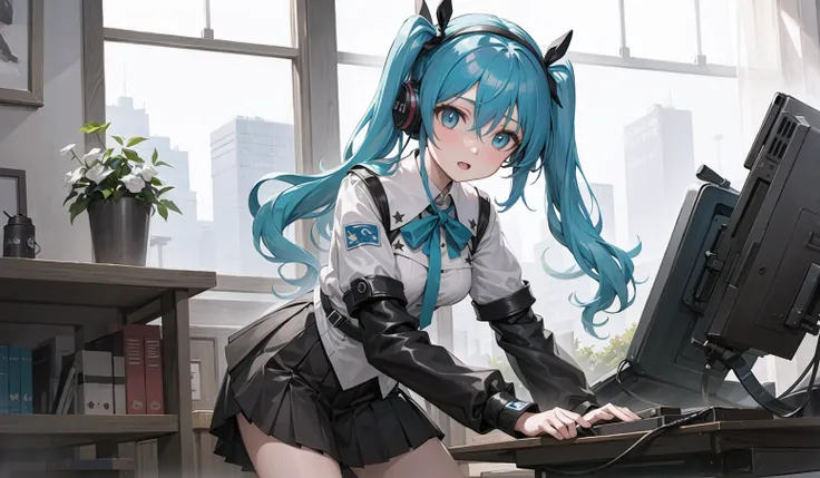 ((masterpiece,best quality))1girl, solo, black skirt, blue eyes,, headphones, long hair, , music, one side up, teal hair, twin tails, pleated skirt, black shirt, indoors